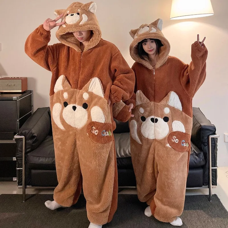 

Зимние пижамы кигурумис для пар, комбинезоны с рисунком собаки для взрослых, женщин и мужчин, одежда для сна с капюшоном на молнии, коралловый флис, теплая пижама, домашняя одежда