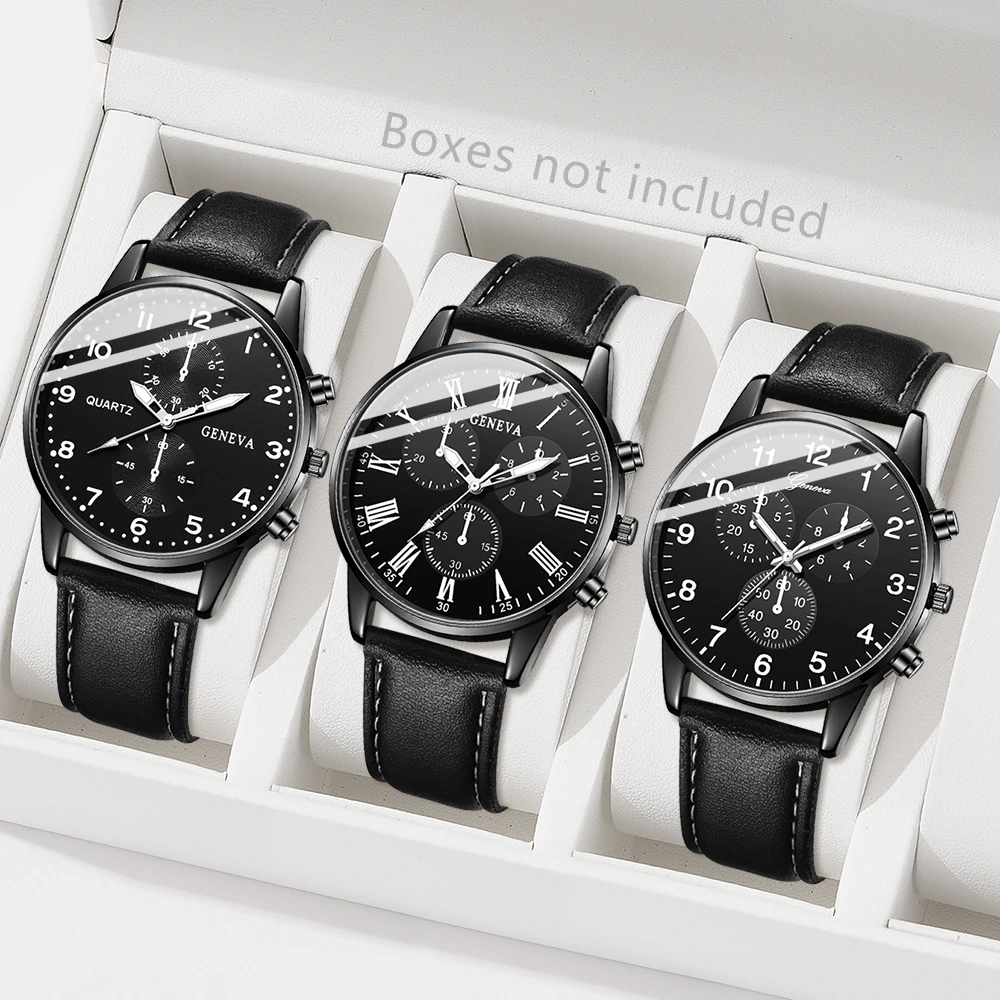 3pcs Men's Casual Foreign Trade Sports Leather Watch Quartz