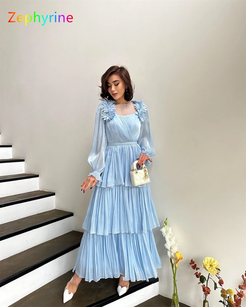 Customized Simple Blue Chiffon Evening Dress Exquisite Square Collar Long Sleeves Homecoming Dresses Fashion Vestido De Festa