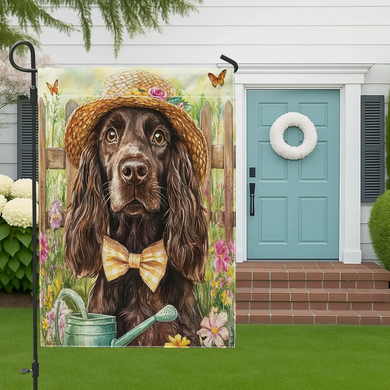 Spring Boykin Spaniel Dog Garden Flags 12x18 Inch for Outside, Funny Watering Can Pattern Standard Linen House Flags, Pet Fr AAS