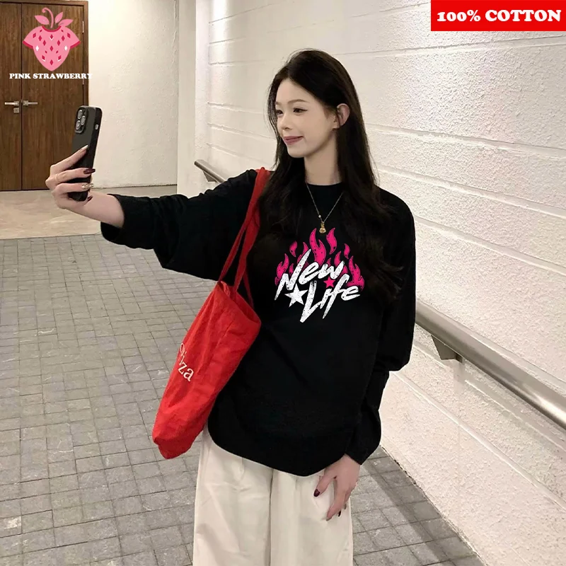

Autumn 2025 New Letter Print T-shirt Women 100%Cotton American style Oversize Black Long-sleeved T-shirt Top Y2k Ladies clothing