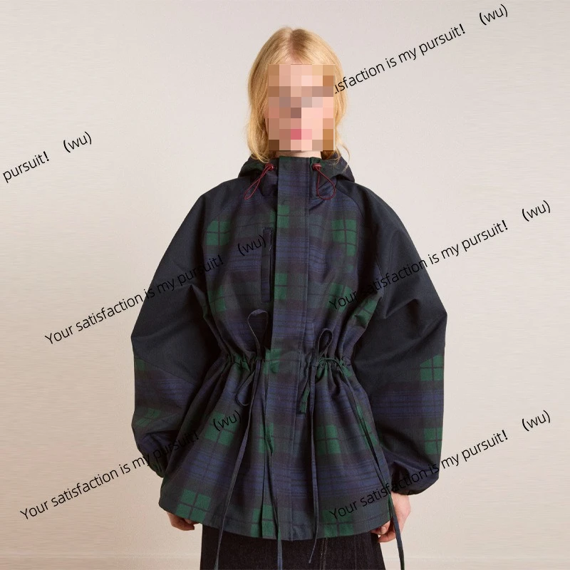 

Casual versatile color matching stand-up collar drawstring waist jacket