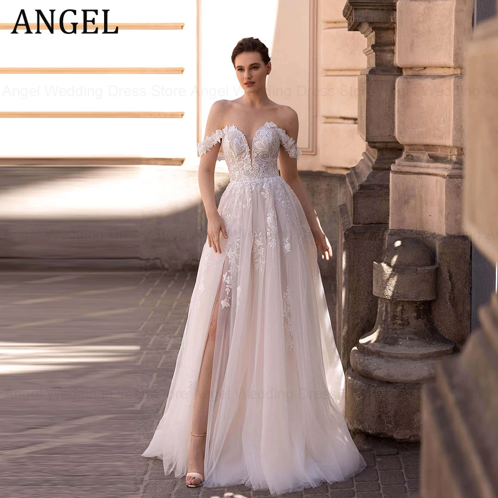 

ANGEL Sweetheart Off the Shoulder A-line Wedding Dress Romantic Tulle Applique Bridal Gown Sexy High Split Backless Trouwjurk