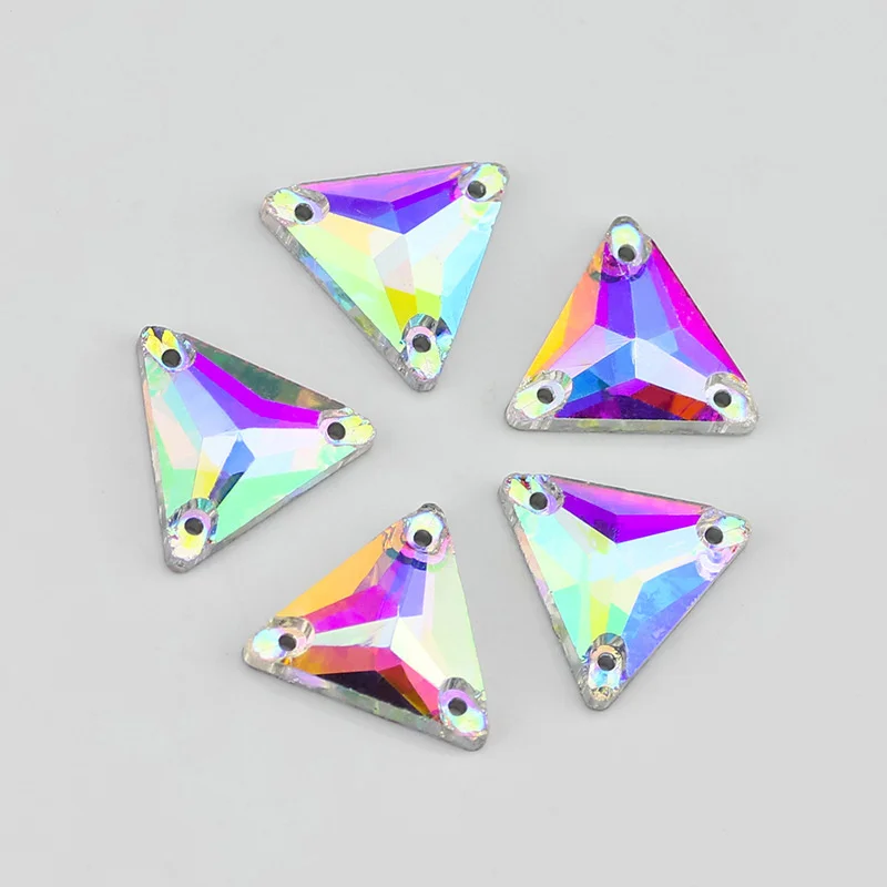 Allsize Sew On strass AB Glass Stones Tri Angle Shape Crystal Three Holes Flatback Sewing On Stone For Clothes Craft