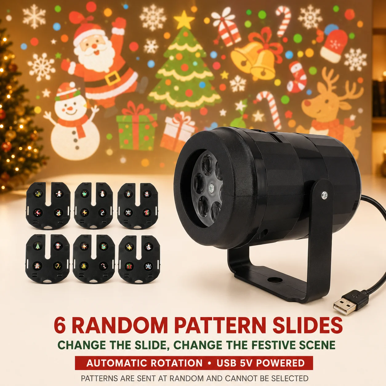 USB Christmas Projector Light Rotating Indoor Holiday Lamp with Fixed Pattern or 6 Random Slides for Home Party Decor stage ligh