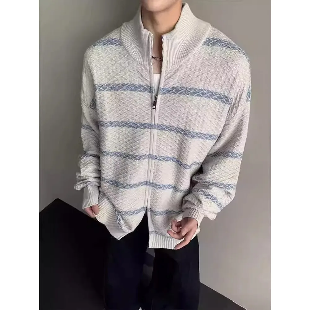 

Корейский мужской вязаный кардиган большого размера, 250 Pou, в полоску, с воротником-стойкой, осенне-зимний, утепленный
