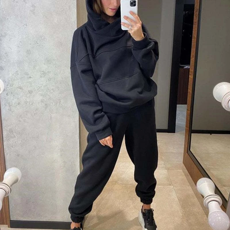 

New Autumn Winter Thick Long Sleeved Hoodie Sets Casual Pocket Pants Sports Suit Women's Fashion Solid Loose Sweatshirt Outfits