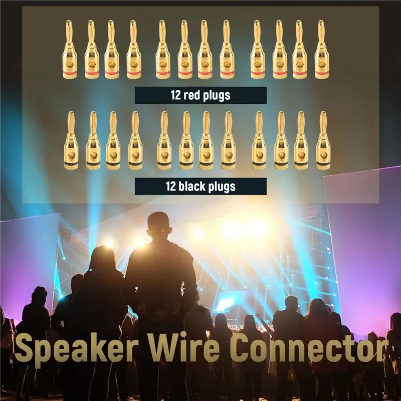 Banana Plugs Open Screw 24K Gold Plated Plugs Audio Jack Connector For Speaker Stereo Cable, 24-Pack (12 Red, 12 Black)