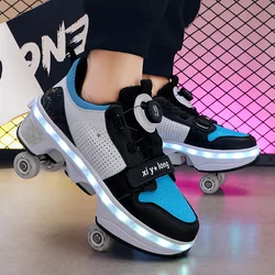 LED Flash Double-Row Four-Wheel Roller Skating Shoes Dual-Use Roller Shoes Men Women Casual Sneakers Sport Walking Running Shoes