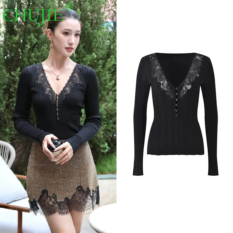 

Новое поступление осени CHUJIE 2025: нежный и молодежный кружевной лоскутный пуловер с v-образным вырезом и вырезом, облегающий вязаный топ