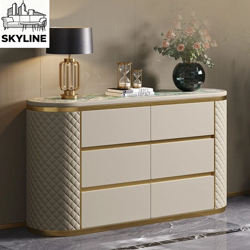 6-Drawer Marble TV Stand, Luxury Storage Console for Entryway Bedroom Living Room
