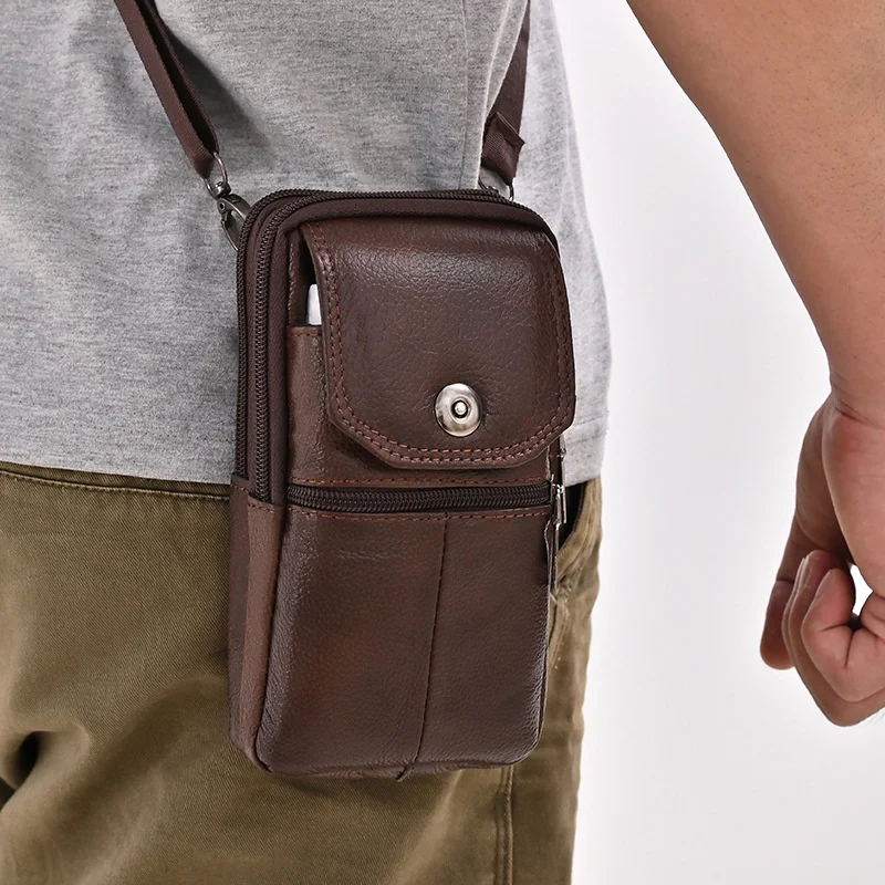 Men\'s Messenger Bag Cowhide Leather Bag Mobile Phone Pouch Pocket Wallet Male Small Travel Waist Bag Multi-Pockets Chest Bag