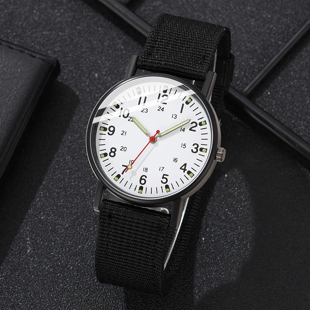 4PCS/Set Black Men Watch Fashionable Minimalist White Dial Quartz Wristwatch Canvas Strap Watch Jewelry Set Gift For Him