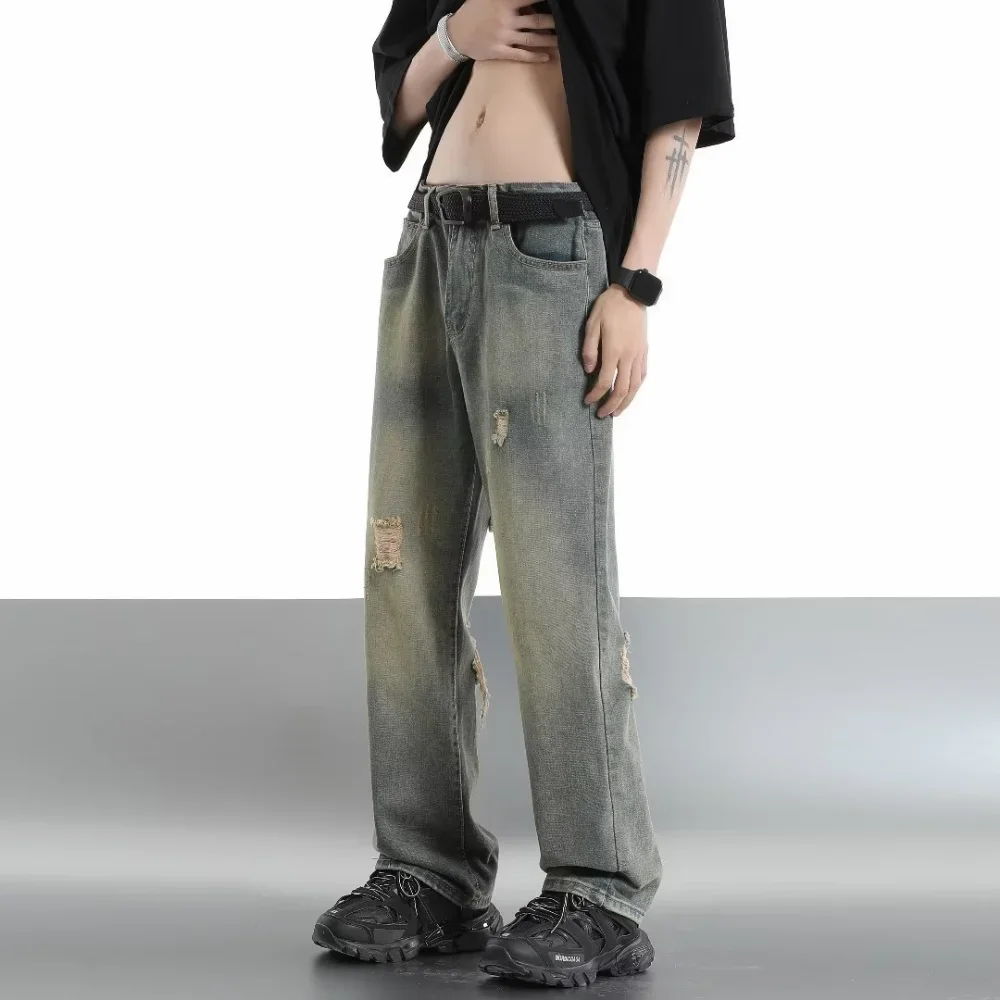 2025 outono jeans buraco fino jeans para homem com estrela de cinco pontas jeans rasgados rua casual azul calças jeans y2k streetwear