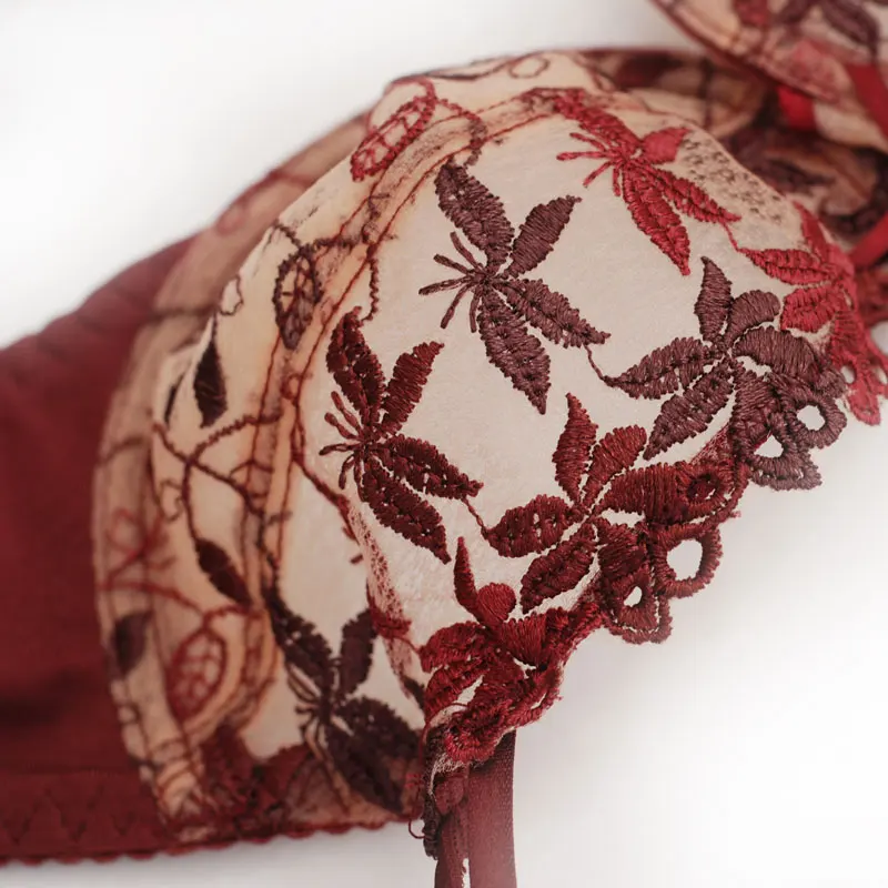 MOYISU Christmas Burgundy Lingerie Set Burgundy Sexy Mesh Lace Push-up Adjusting Bra Embroidery Ultra Thin Bra for Women