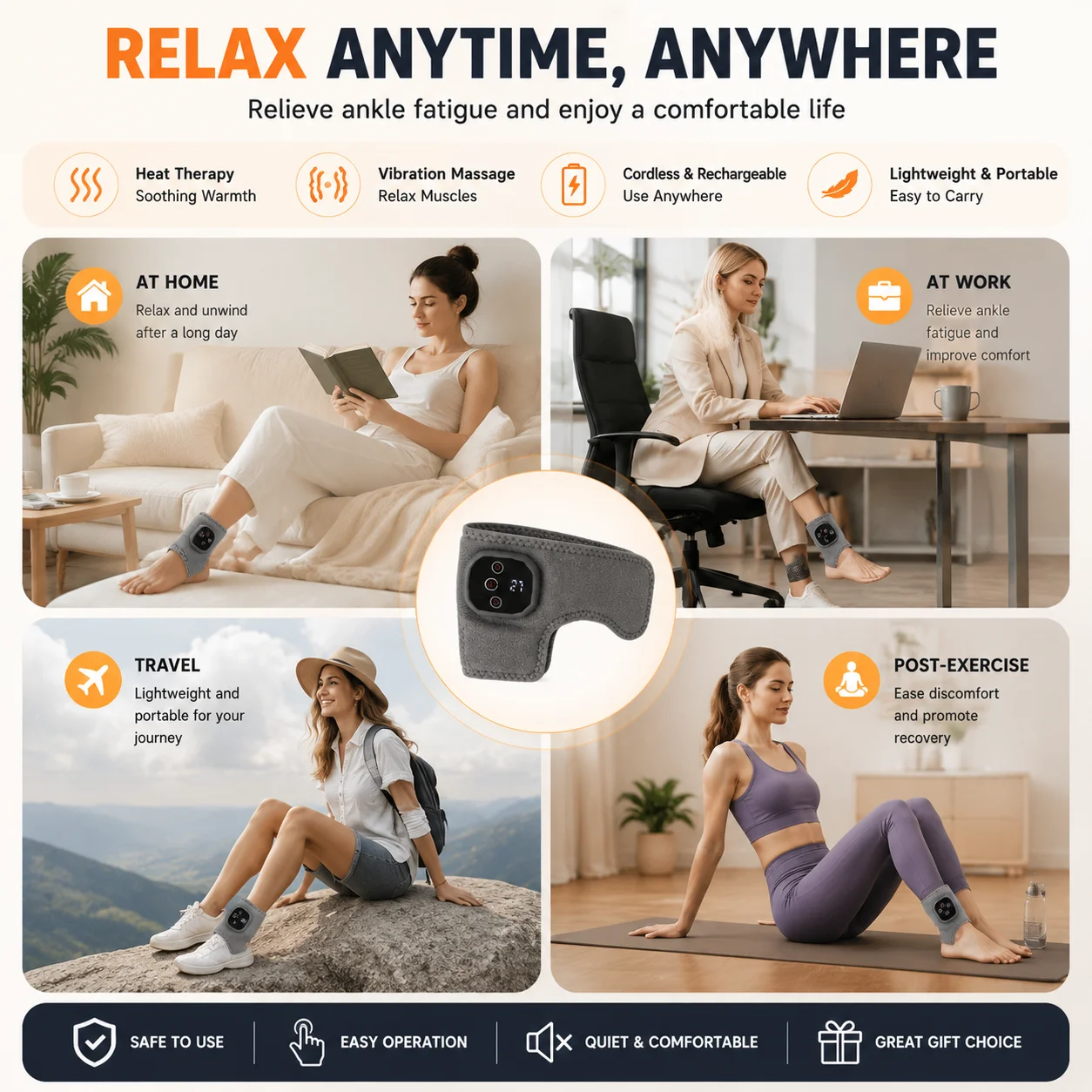Smart Ankle Massager Graphene Heating Pad Vibration Massage Wrap Rechargeable Foot Care Device with 3 Modes Type-C Charging