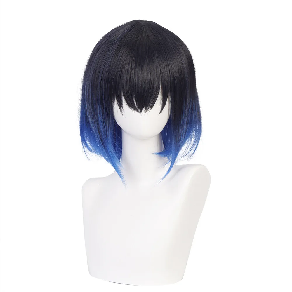 Inosuke-Peluca de Anime para adolescentes, pelo plano, Color negro, azul oscuro, degradado, Cosplay