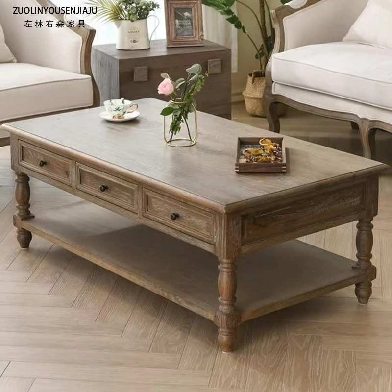 

LMM retro solid wood coffee table living room home old short coffee table rectangular carving