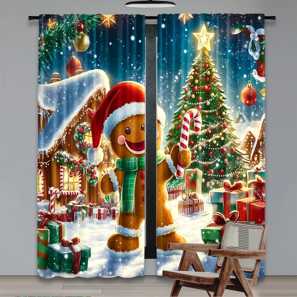 2pcs 2D flat printing Christmas Party Curtain Christmas gingerbread man9 Fabric Without Electricity Festive Curtains Perfect for