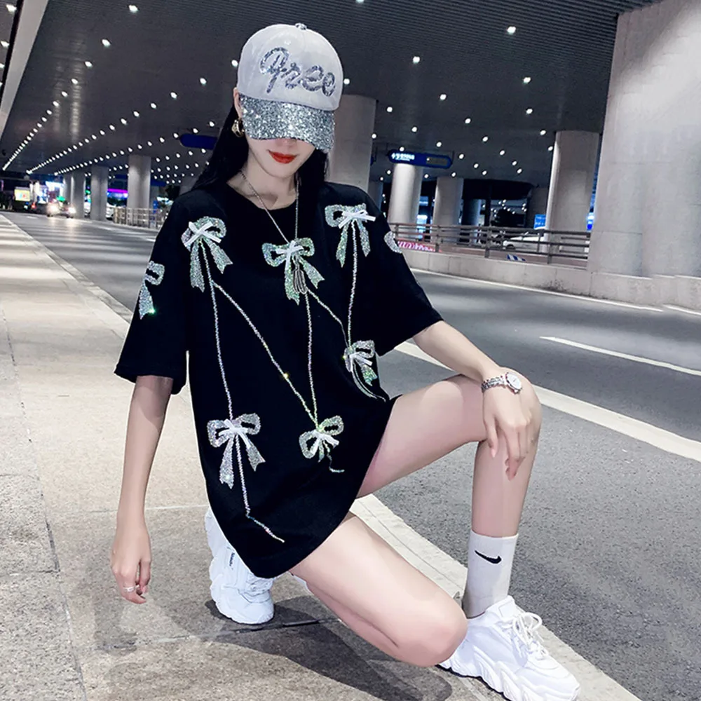 2022 Summer Fashion Streetwear Rhinestone Bow T-Shirt Women Casual Loose Tees Lady Tops S-4XL 40-150KG