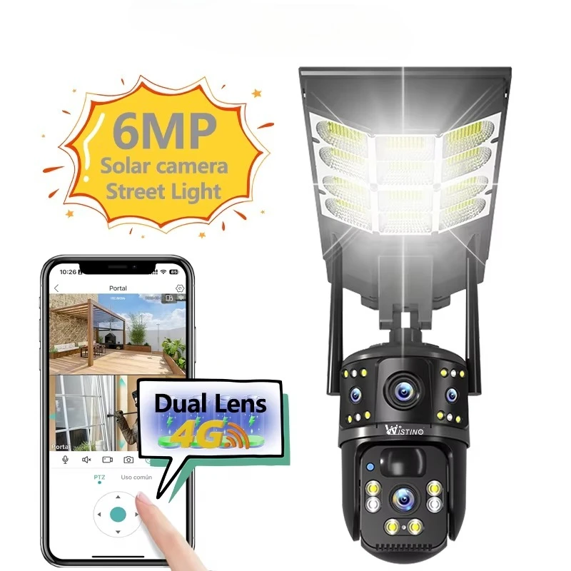 

6MP Street Light Camera Dual Lens 360 Degree Rotating Motion Detection Two Way Voice 4G Sim Card Ptz Solar Cctv Camera