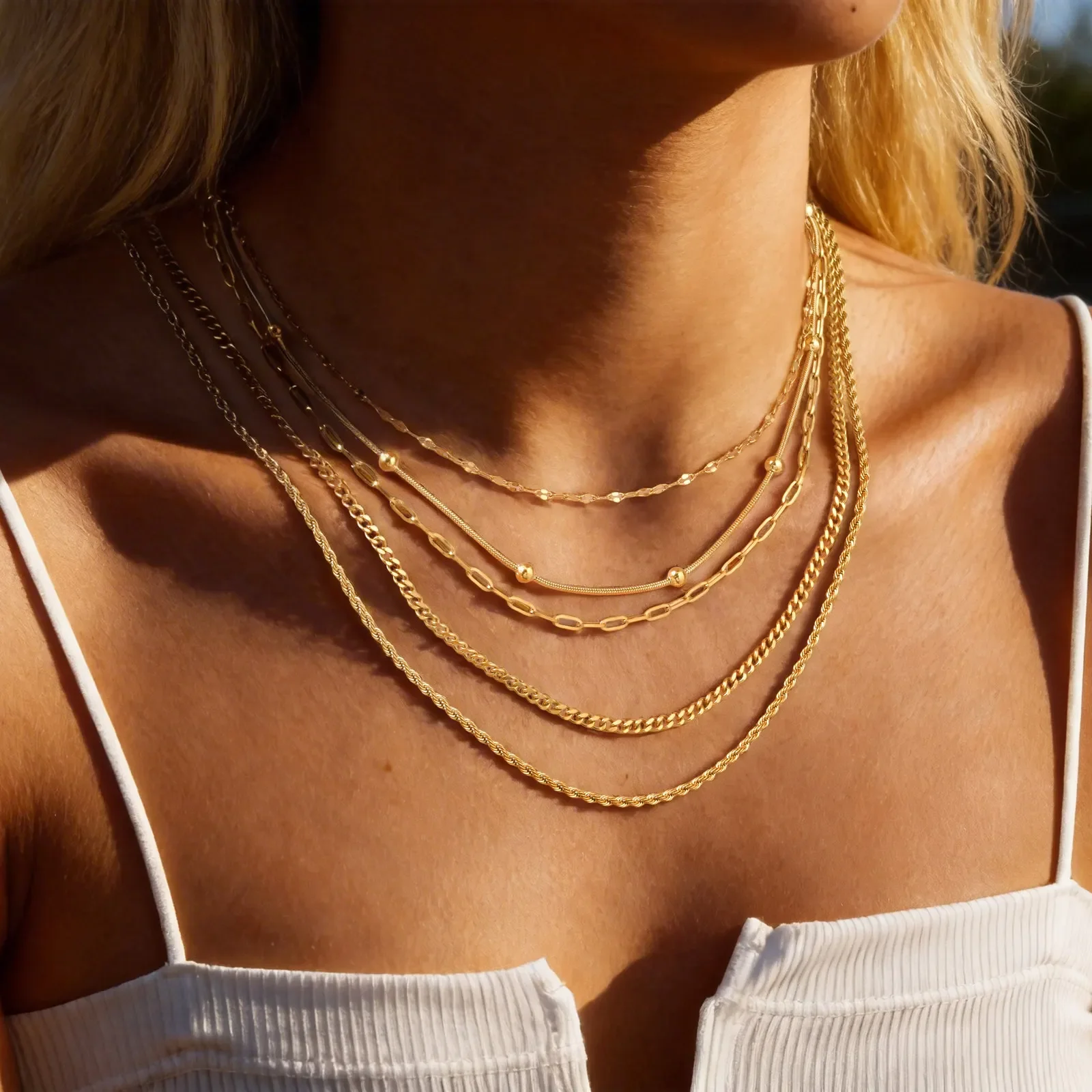 Layer Basic Chains Necklace for Women, 18K Gold Plated Stainless Steel Lips Round Bead Curb Twist Rope Chain Necklace Waterproof