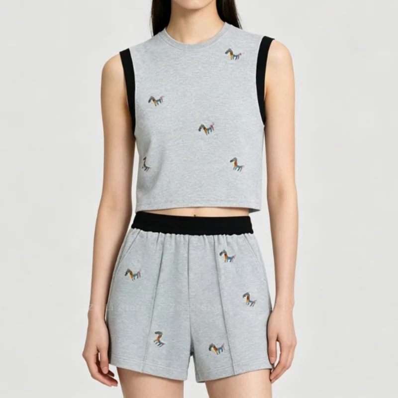 

Ice Silk Casual Fashionsuit Women's 2026 Summer New Arrivalsense of Design Small Spur Embroider Vest Shorts Two-piece Set Trendy