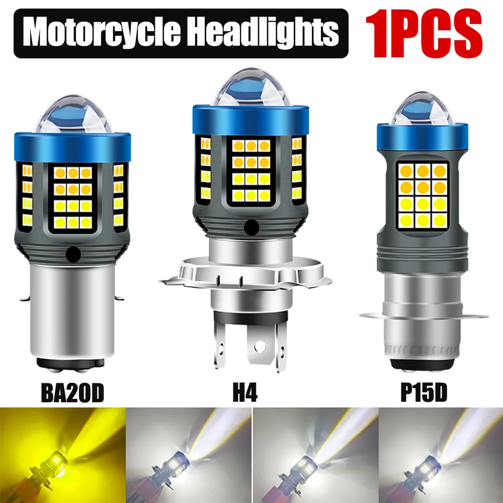 1PCS LED motorcycle headlights H4 BA20D P15D white and yellow dual color super bright front headlight lens