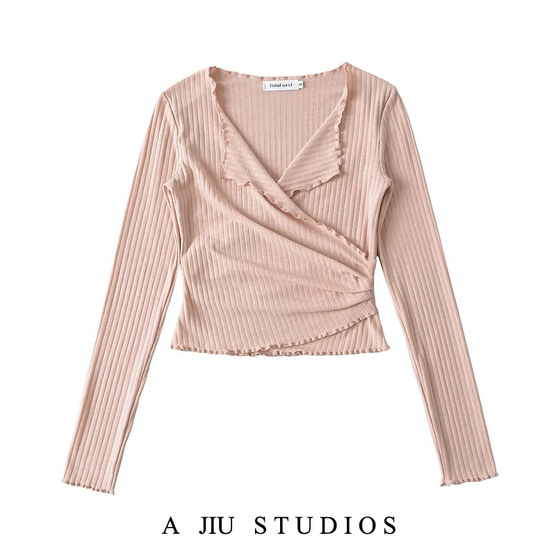 

Pink Knitted Long Sve T-irt Women's Spring Autumn Slim Fit ort Sle Street Faion Color Top Inner Wear