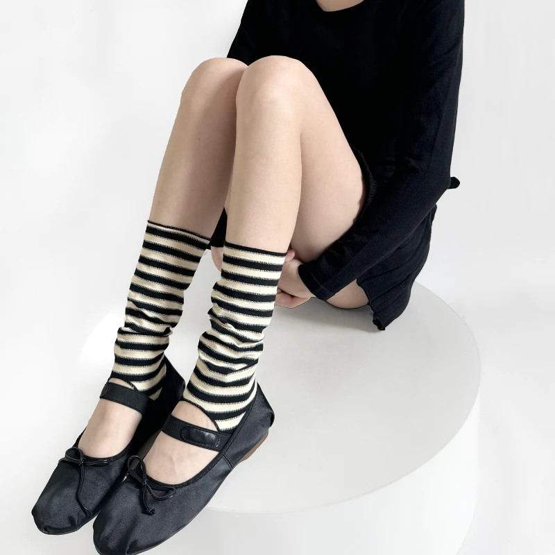 Multicolor Striped Leg Warmers Women Autumn Retro Foot Cover Long Socks College Style Black and White Striped JK Girls Leg Cover