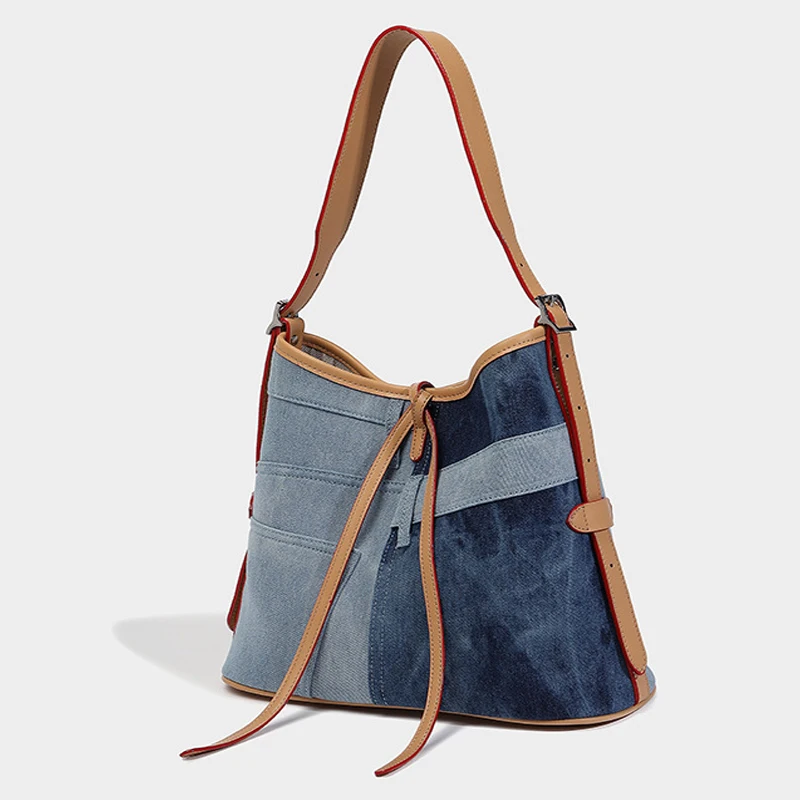 Lazy Style Denim Splicing Tote Bag for Women 2024 New Large Capacity Commuter Canvas Bag Fashionable Shoulder Crossbody Bag