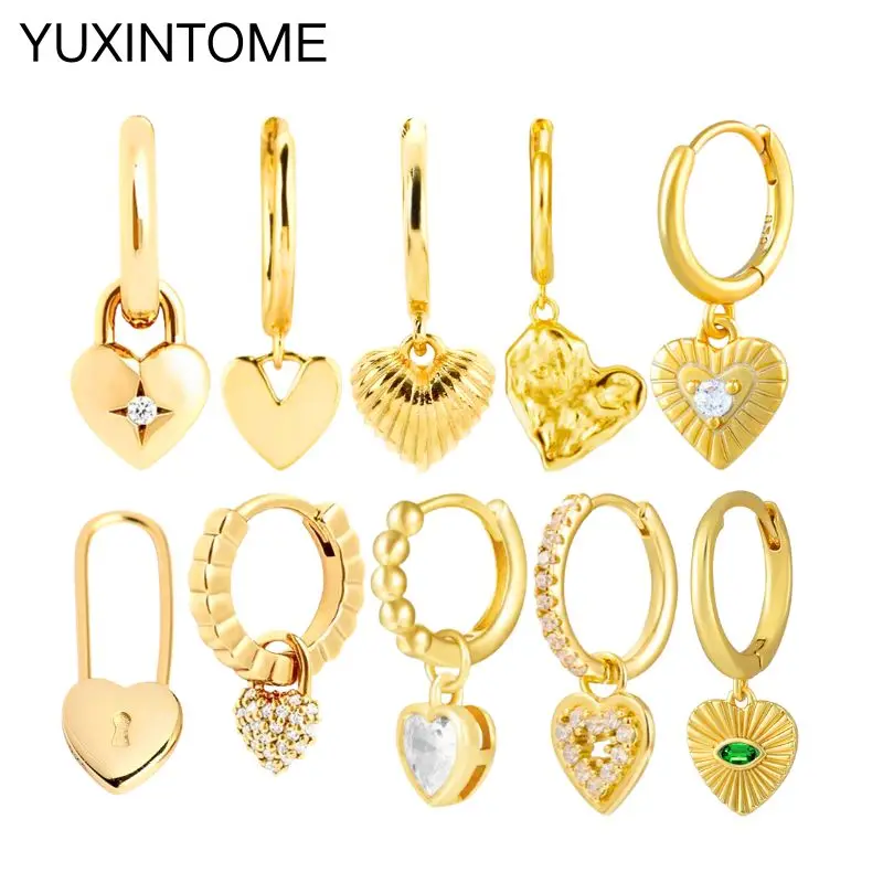 

925 Sterling Silver Ear Needle Exquisite Heart Pendant Hoop Earrings Fashion Geometric Zircon Stud Earrings Women's Fine Jewelry