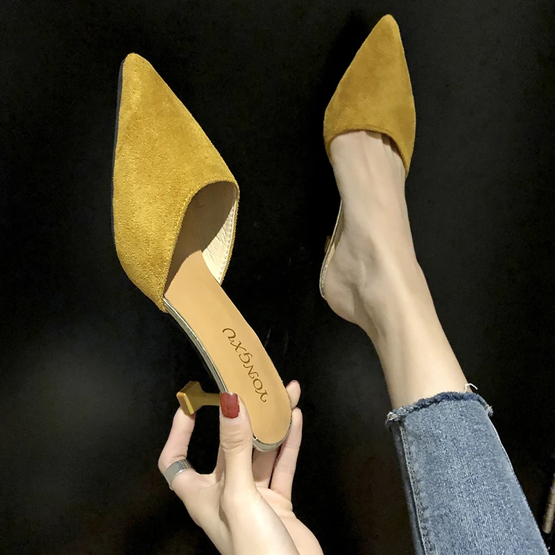 الربيع والصيف أزياء عالية الكعب تنوعا حقيبة المشاهير الإنترنت رئيس نصف النعال كعب رقيقة وأشار اصبع القدم النعال باردة #4