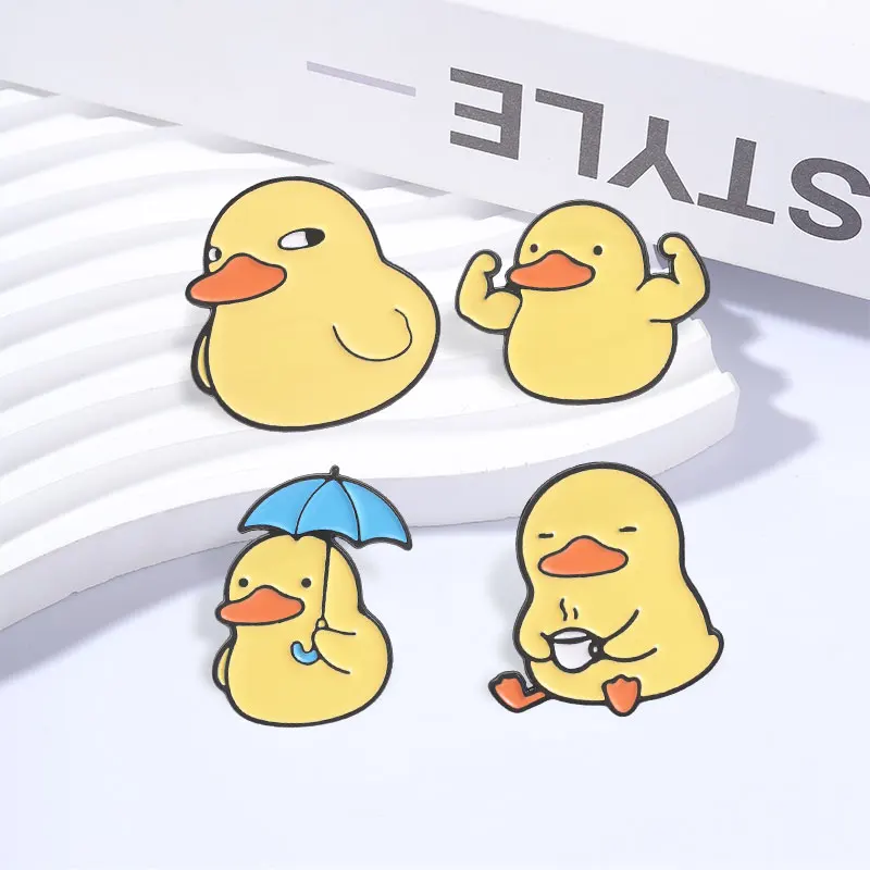 Niedliche Enten-Emaille-Anstecknadel mit Seitenblick-Expression, Cartoon-Emo-Ente mit Regenschirm, muskulöse Posen, Enten-Brosche, Taschen- und Reversabzeichen, Schmuckgeschenk – Detail 5