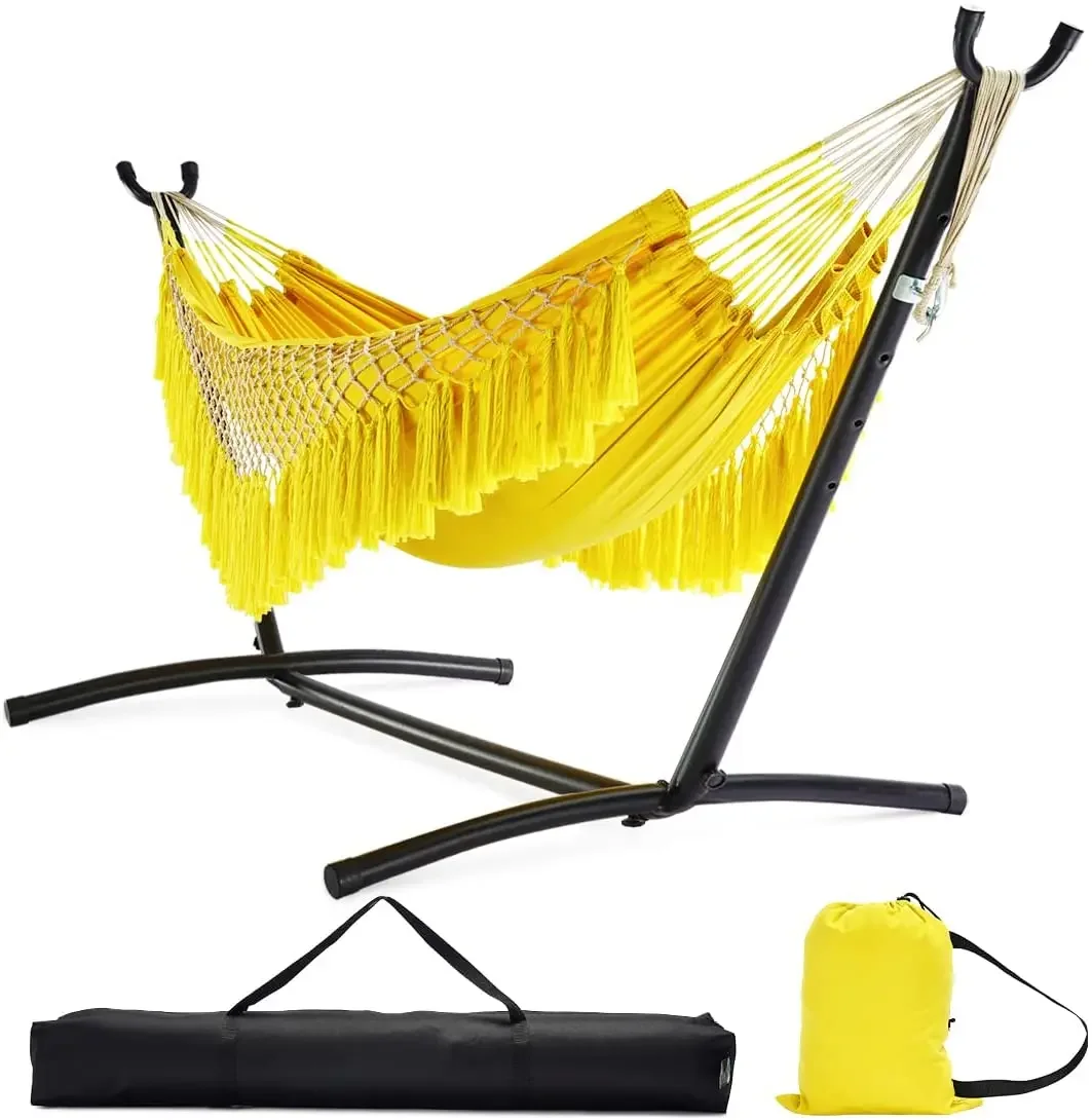 Double Hammock with Stand Set Indoor Outdoor Brazilian-Style With Tassels Cotton Bed for Backyard Camping Patio w/Carrying Bag