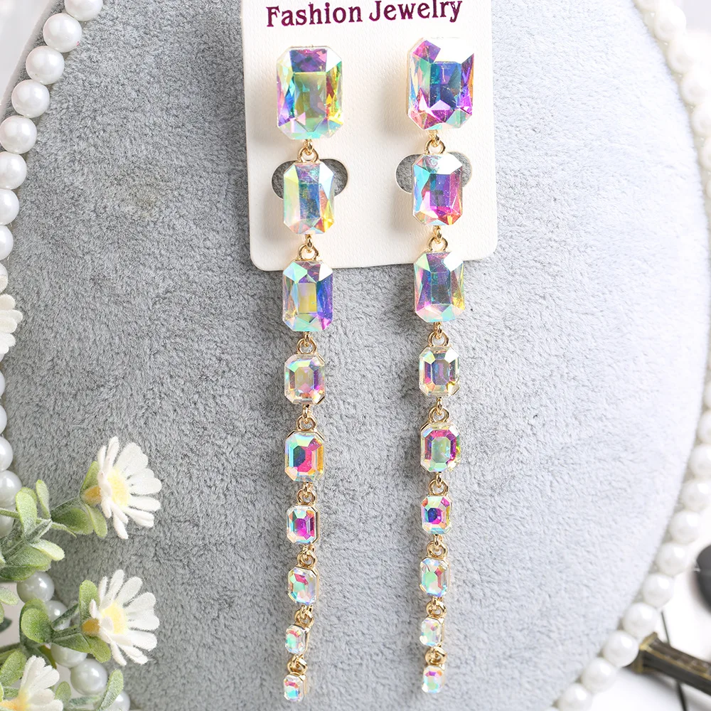 Prom Party Jewelry Women\'s Fashion Accessories Gold Color Long Blue Gems AB Crystal Rhinestone Hanging Drop Earrings for Women