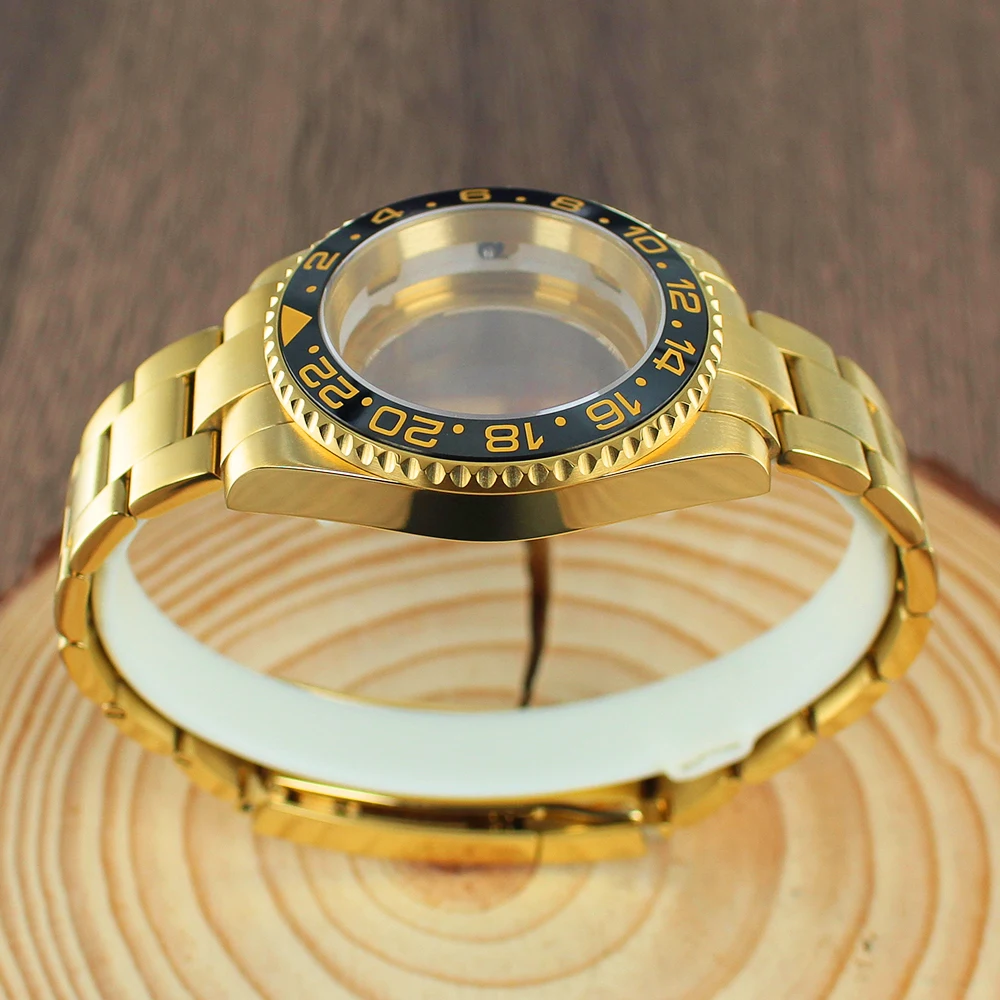 40MM NH35 Gold pvd Watch Case Sapphire Crystal glass For NH35 NH36 NH34 NH38 Miyota8215 Eta2824 PT5000 GMT SUB Watch Accessories