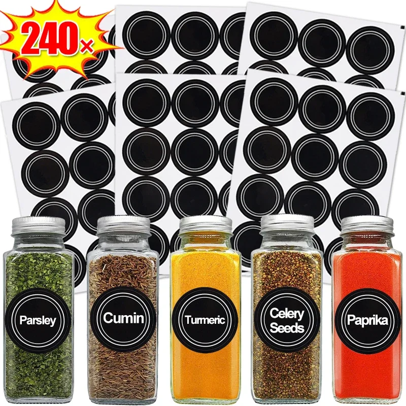 240/60 Uds. Etiquetas autoadhesivas para tarros de especias, etiquetas adhesivas para botellas de vidrio, etiquetas adhesivas impermeables para condimentos de cocina para contenedores