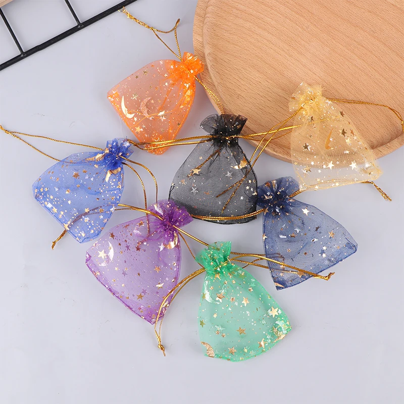 100pcs/lot Star Moon Organza Jewelry Bags Tulle Sheer Sachets Drawstring Gift Bag Wedding Party Favor Pouches Jewelry Organizer