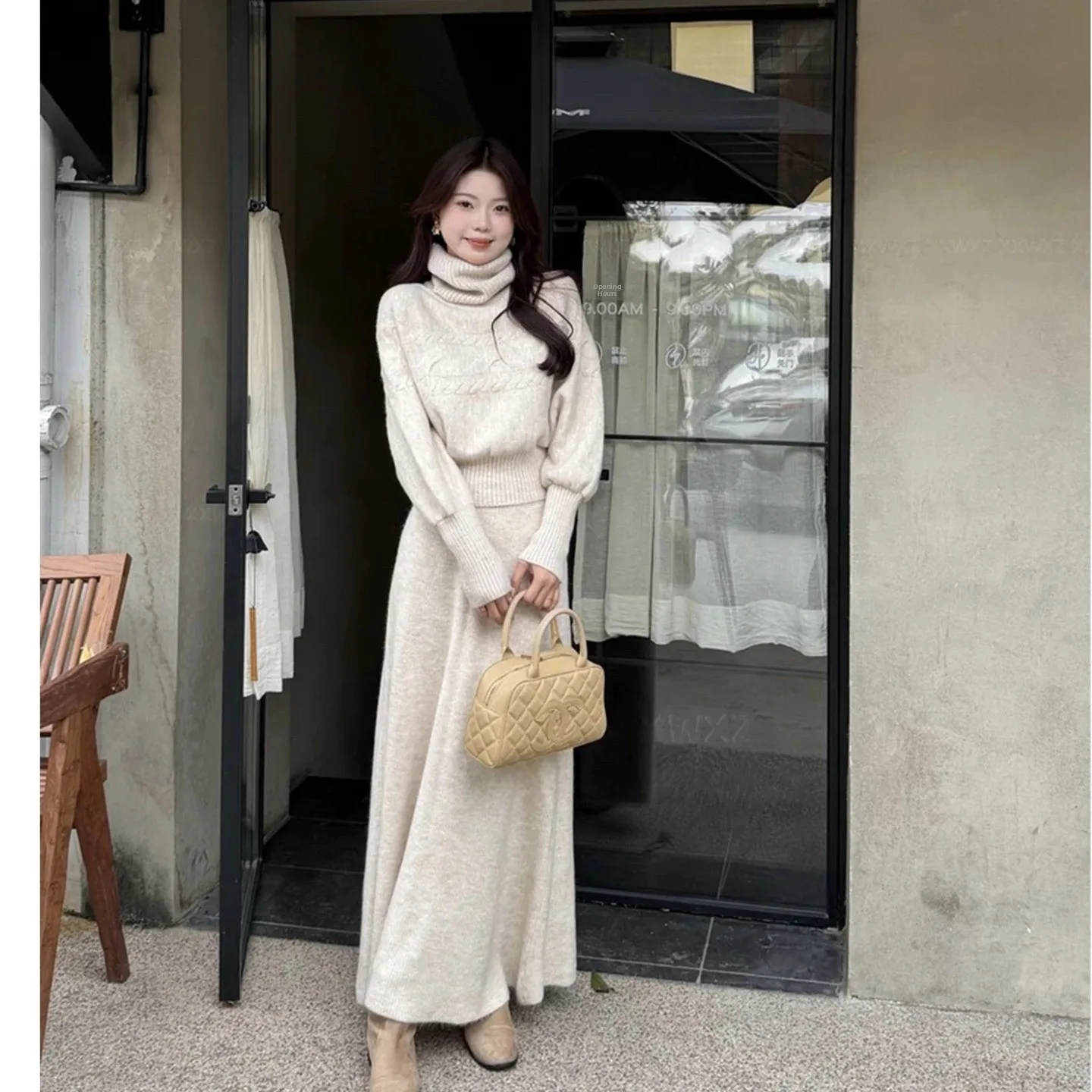 Elegant High Collar Knitted Dress Women's Autumn Winter New Korean Style Complete Set Long Dress Comfortable Breathable Material