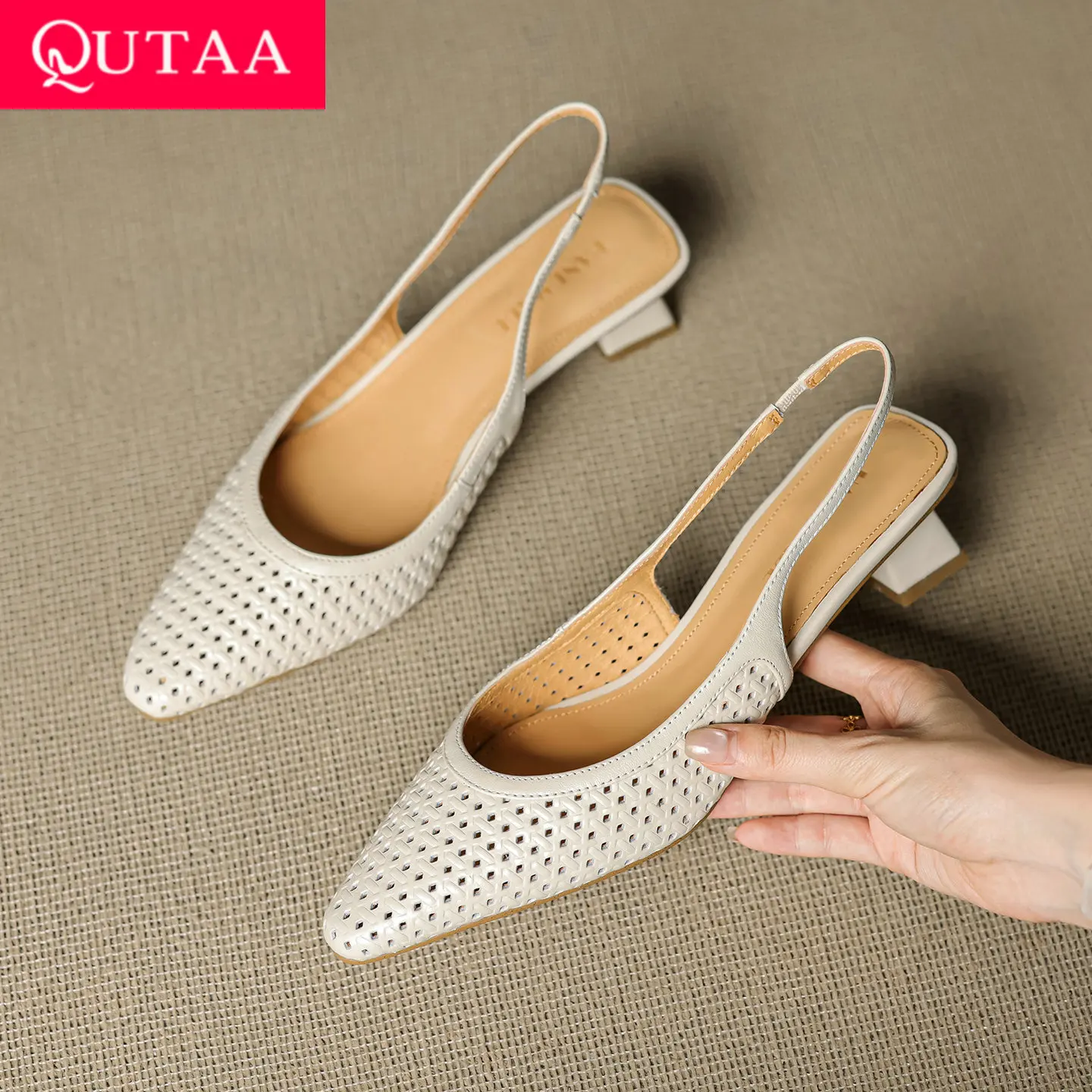 

QUTAA 2025, модные пикантные женские сандалии, летние туфли на высоком каблуке из коровьей кожи с острым носком, вечерние туфли с открытой пяткой, платье 34-40