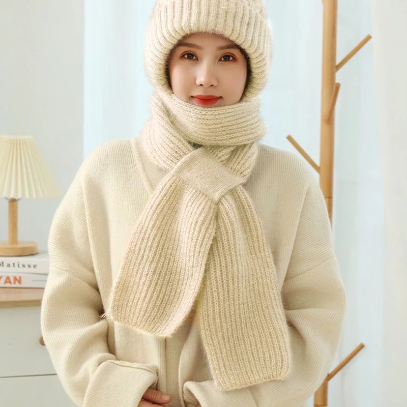 Protezione per le orecchie con cappuccio addensato berretto da sci all'aperto berretto lavorato a maglia di lana cappello e sciarpa tutto in una sciarpa invernale da donna calda in peluche