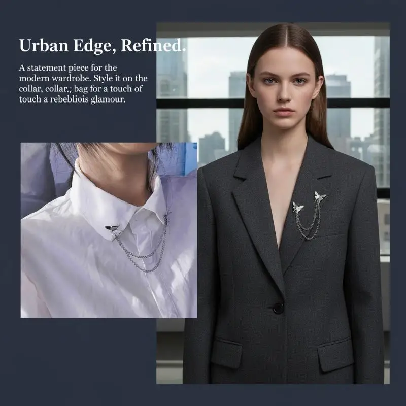 Punk Butterfly Chain Tassel Brooches Lapel Pin For Women Men Hip Hop Metal Suit Clip Cool Clothing Korean Accessories