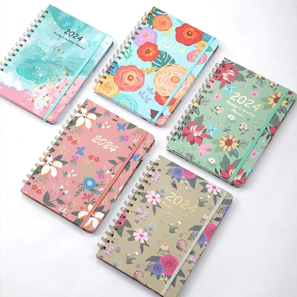 High-quality Paper Planner Floral Print 2024 Monthly Planner Exquisite Coil Design Schedule Book for Home Office Stay Organized