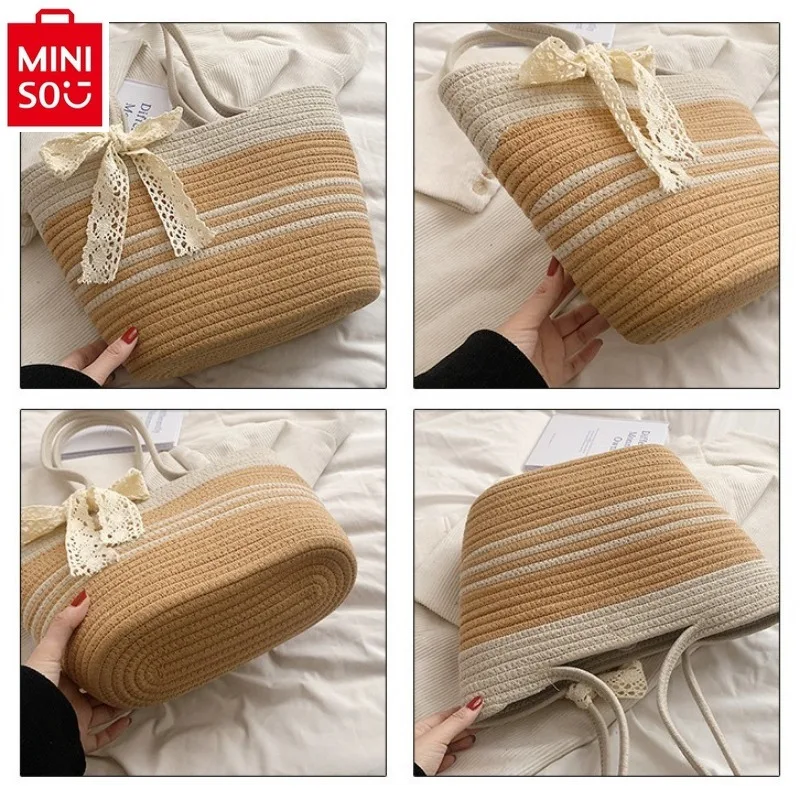 MINISO Disney Cartoon Escape Princess Knitted Cotton Handbag Student Fashion Lace Grass Knitted Colored Beach Tote Bag