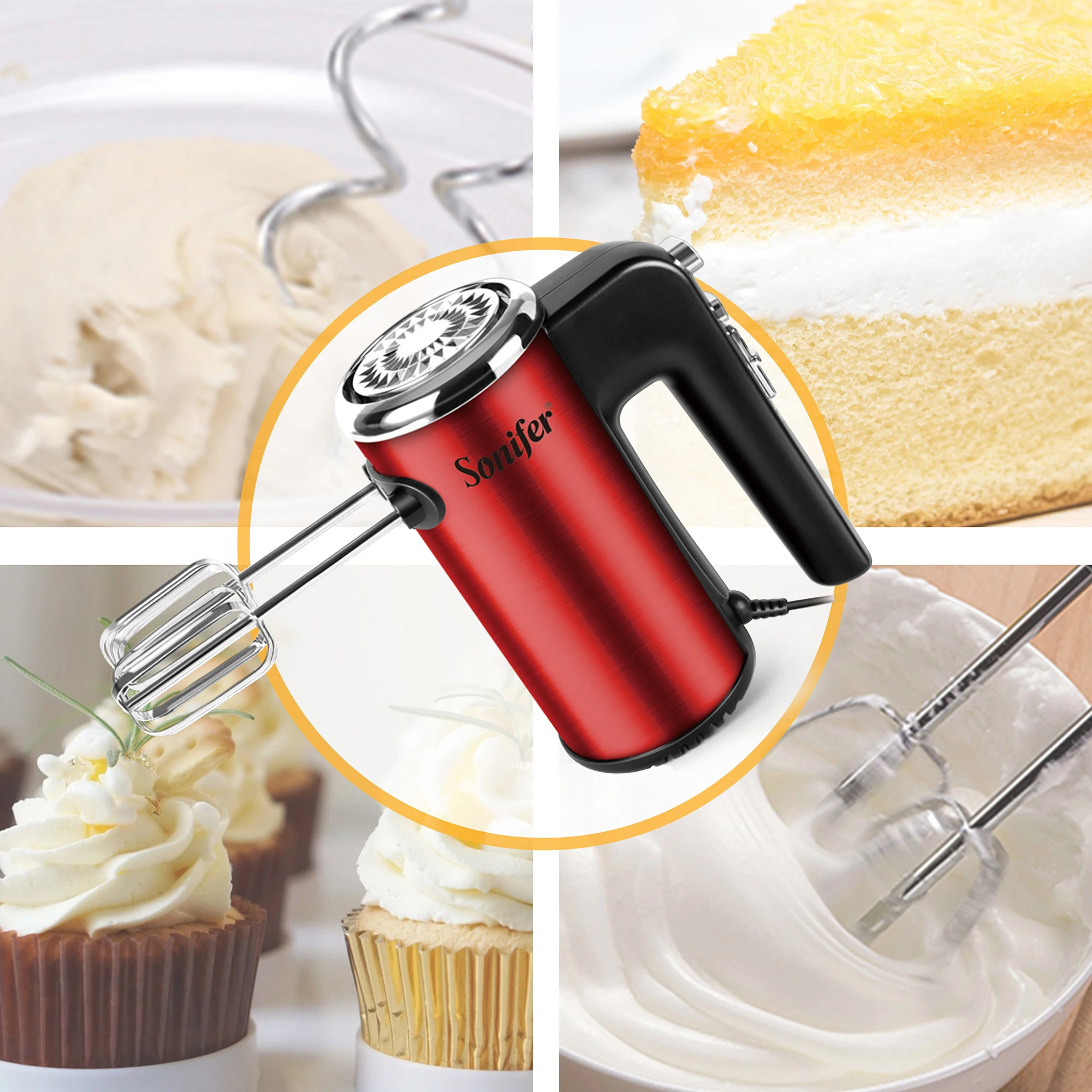 Red Food Mixer Electric Stainless Steel Kitchen Blender With Dough Hooks Chrome Egg Beater Hand Mixer Machine For Bakery Sonifer