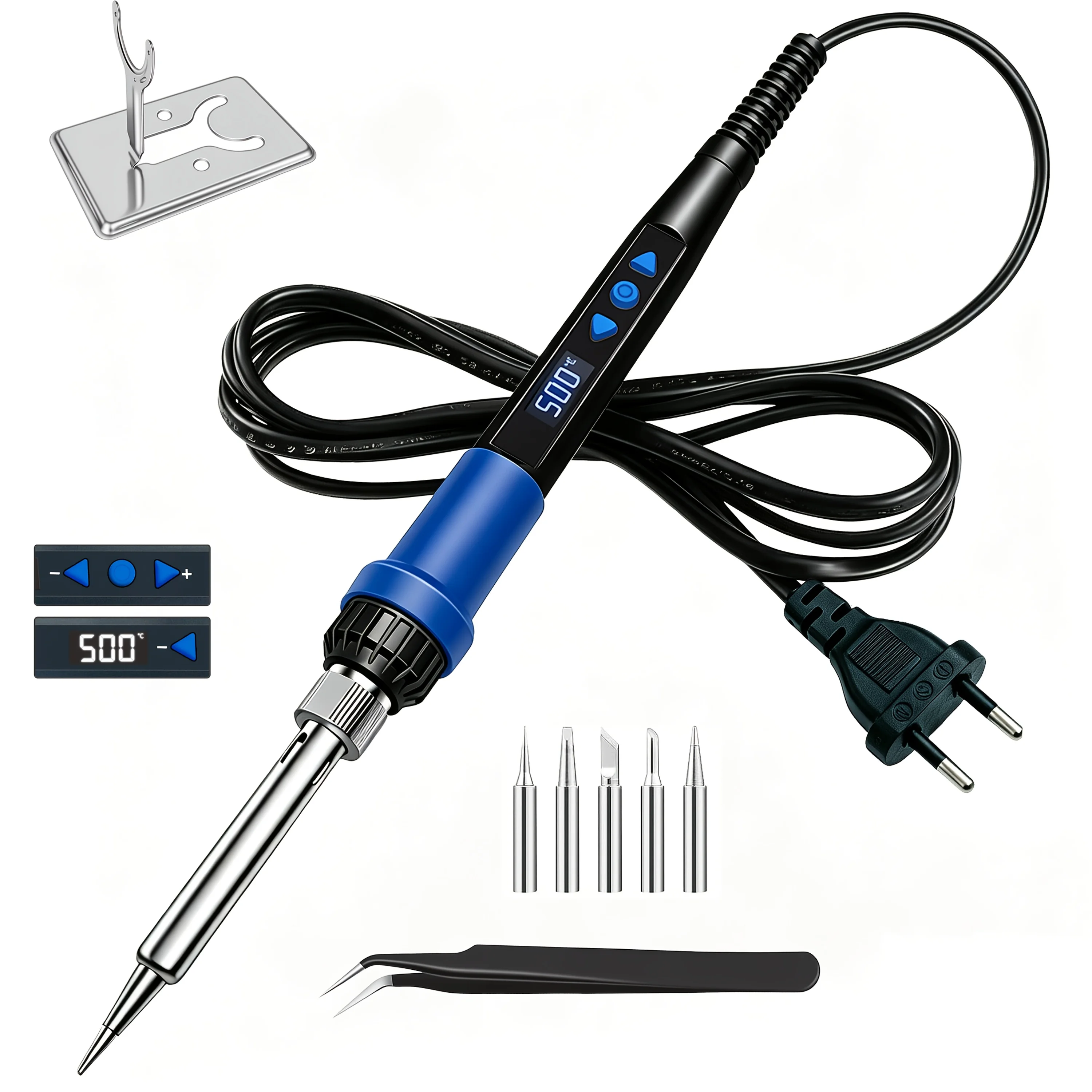 Digital Button Soldering Iron Kit, EU Plug Adjustable Temp, Spare Tips, Metal Stand & Anti‑Static Tweezers for Electronic DIY Re