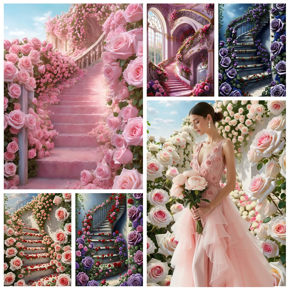 

MOON.QG Wedding Rose Flowers Steps Backdrops for Photography Castle Photo Background Girl Birthday Portrait Shooting Photozone