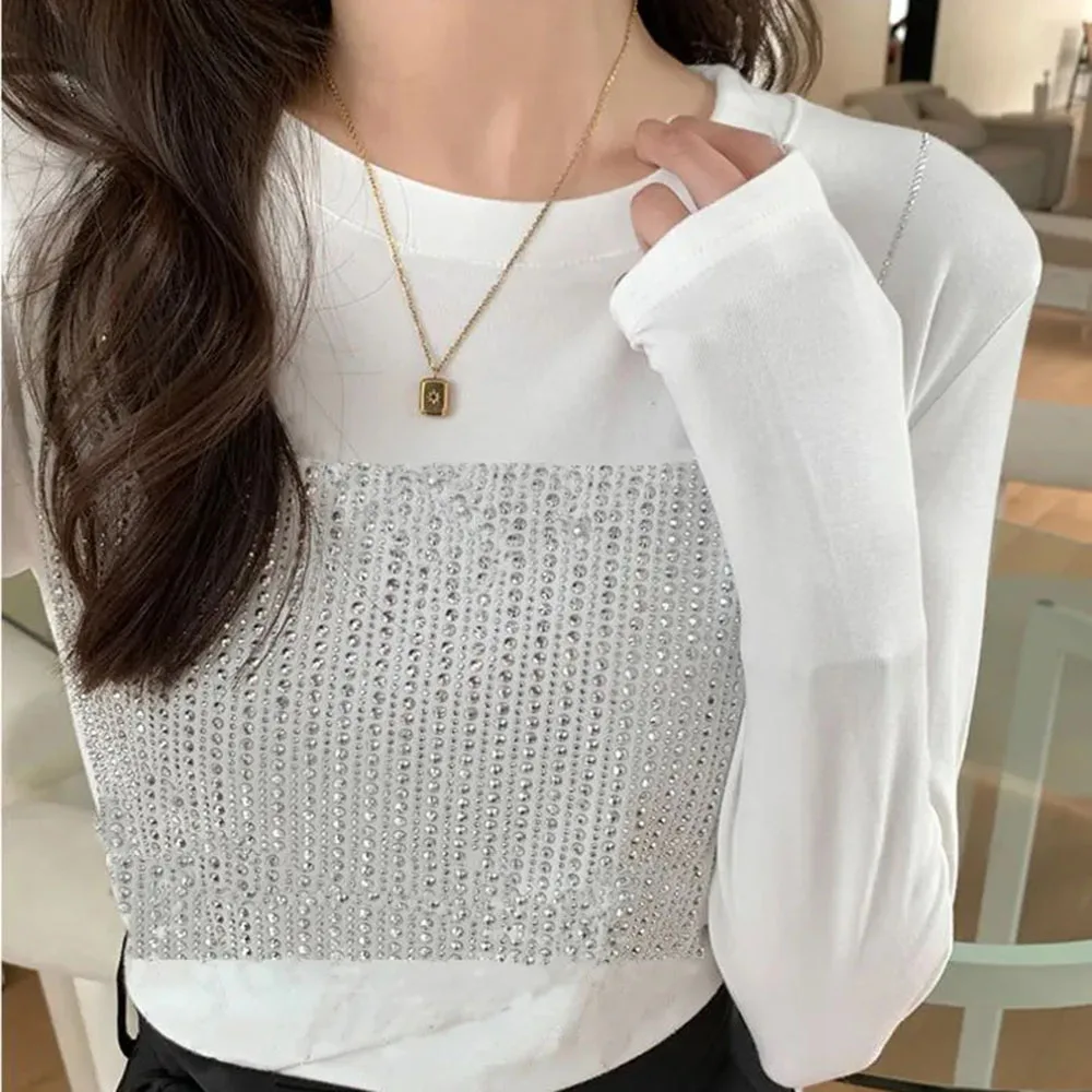 Spring Summer Hot Drill T-shirt Women's Casual Long Sleeve Mesh Patchwork Tops Ladies Elegant Shiny Trendy Female Clothing Tees
