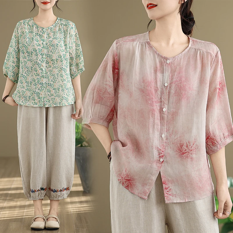 

Корейский стиль: женский комплект из блузки с ретро-принтом и повседневных брюк больших размеров, новинка весна-лето, стиль для работы и повседневной носки